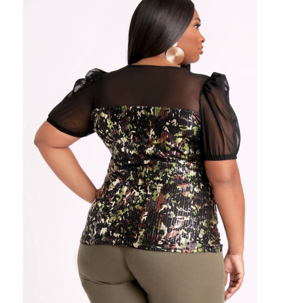 Sequin foil camo mesh top